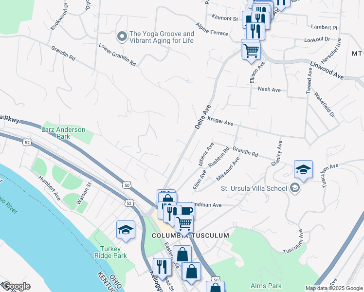 map of restaurants, bars, coffee shops, grocery stores, and more near 565 Delta Avenue in Cincinnati