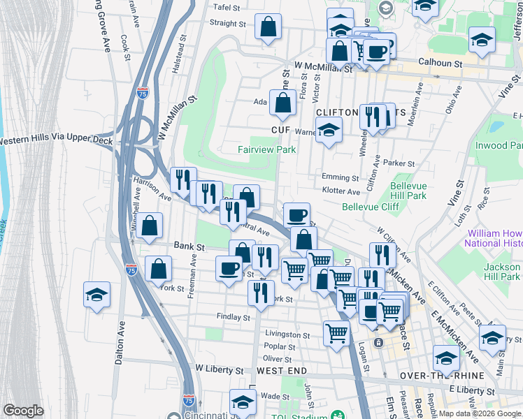map of restaurants, bars, coffee shops, grocery stores, and more near 415 West McMicken Avenue in Cincinnati