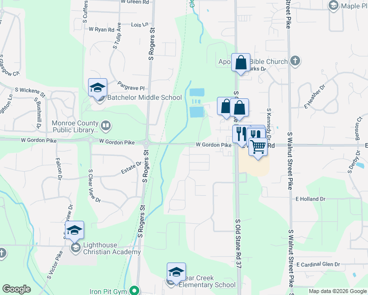 map of restaurants, bars, coffee shops, grocery stores, and more near 358 West Gordon Pike in Bloomington