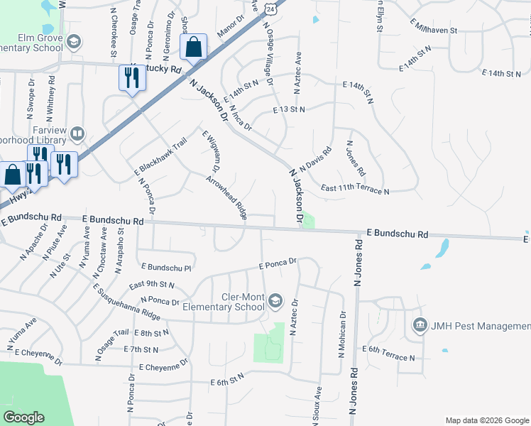 map of restaurants, bars, coffee shops, grocery stores, and more near 1023 North Aztec Court in Independence