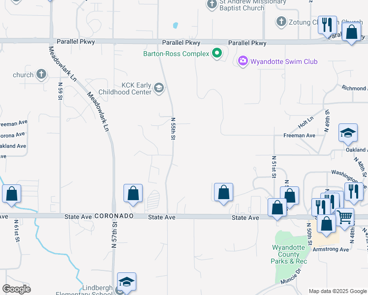 map of restaurants, bars, coffee shops, grocery stores, and more near 1501 North 55th Street in Kansas City