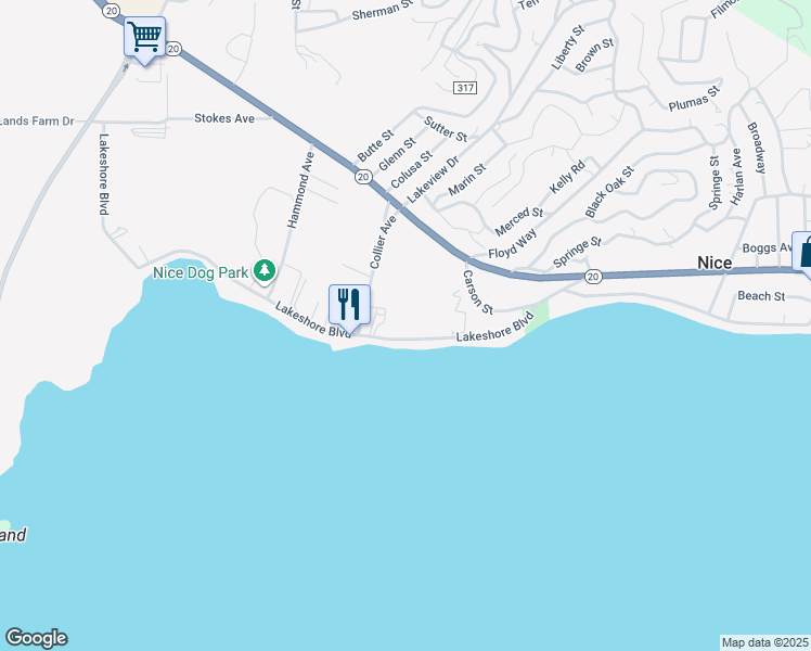 map of restaurants, bars, coffee shops, grocery stores, and more near 2780 Lakeshore Boulevard in Upper Lake