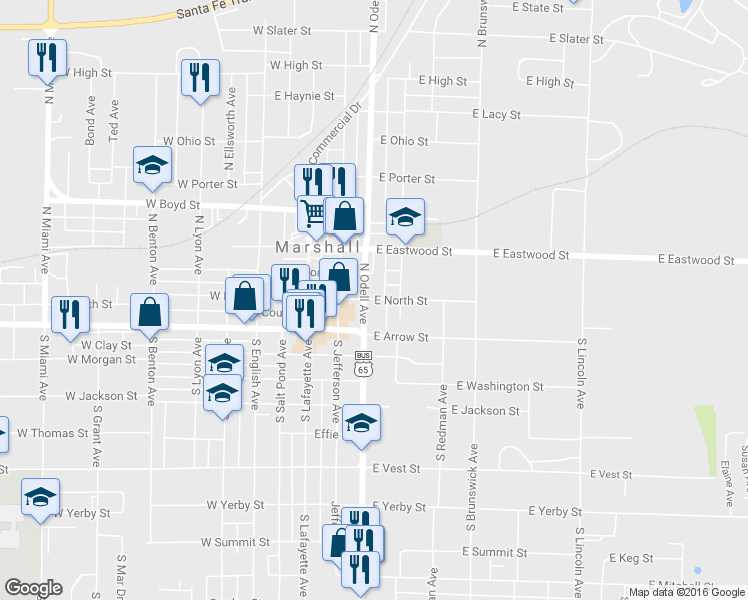 map of restaurants, bars, coffee shops, grocery stores, and more near 212 E North St in Marshall