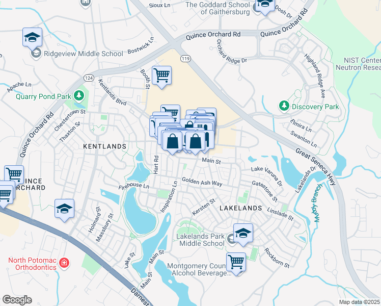 map of restaurants, bars, coffee shops, grocery stores, and more near 450 Main Street in Gaithersburg