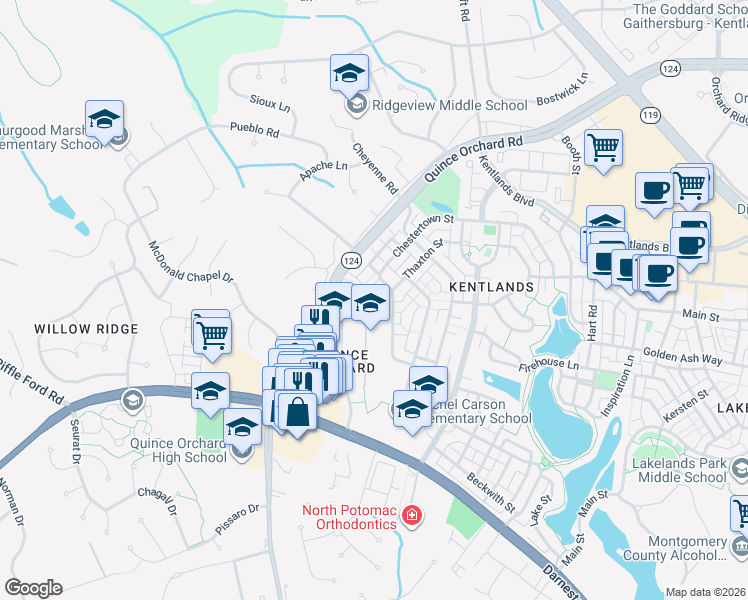 map of restaurants, bars, coffee shops, grocery stores, and more near 79 Timber Rock Road in Gaithersburg