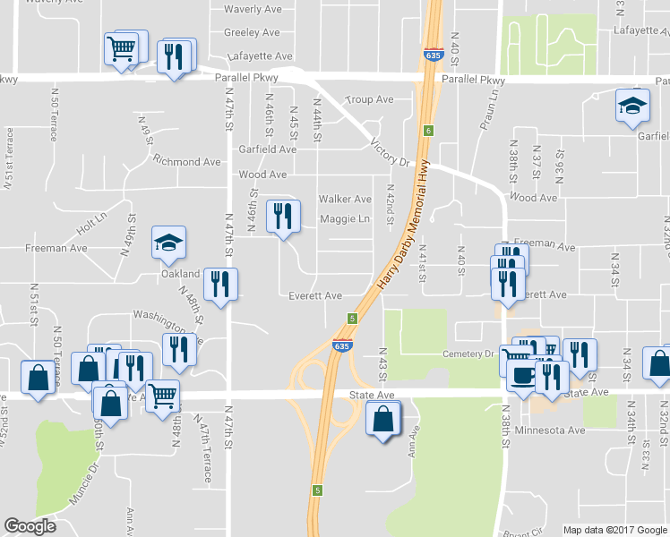 map of restaurants, bars, coffee shops, grocery stores, and more near 4338 Oakland Avenue in Kansas City