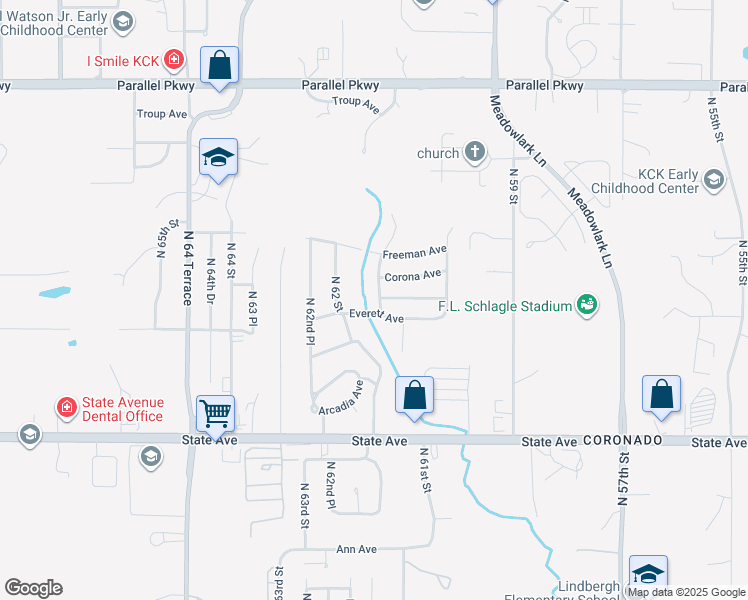 map of restaurants, bars, coffee shops, grocery stores, and more near 1406 North 61st Terrace in Kansas City