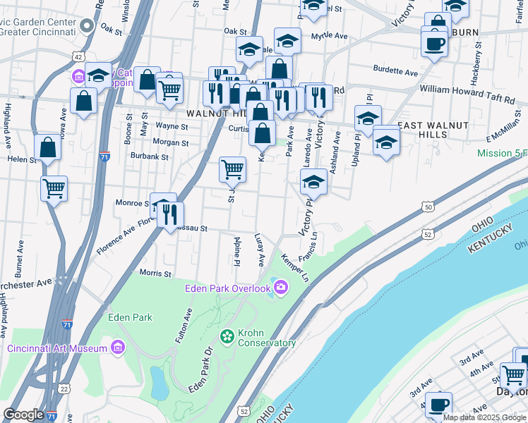 map of restaurants, bars, coffee shops, grocery stores, and more near 1033 Windsor Street in Cincinnati