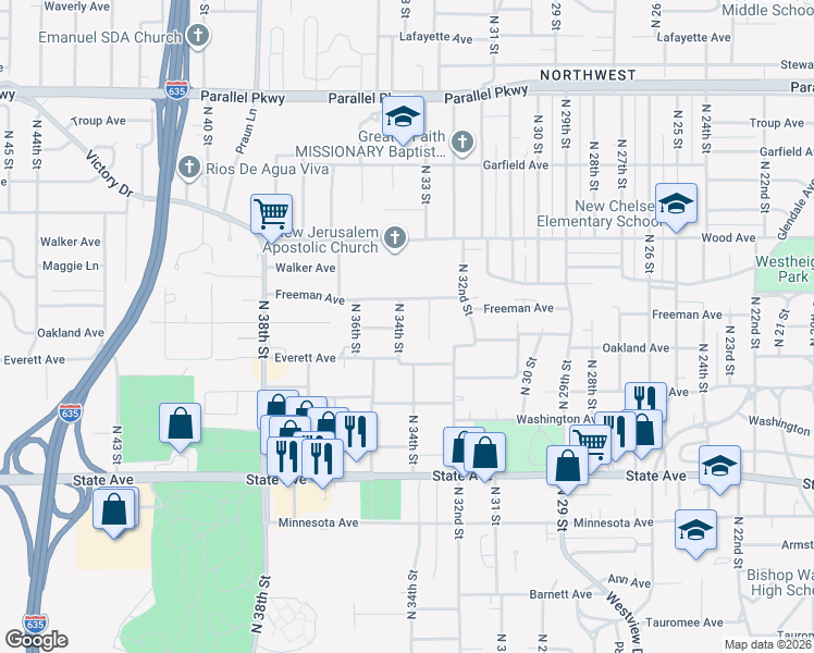 map of restaurants, bars, coffee shops, grocery stores, and more near 1531 North 34th Street in Kansas City