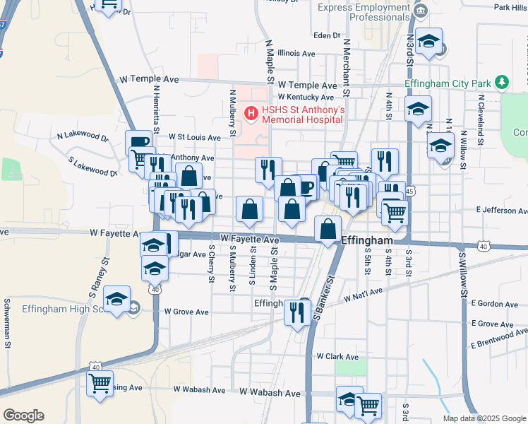 map of restaurants, bars, coffee shops, grocery stores, and more near 604 West Shelby Avenue in Effingham