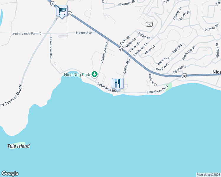 map of restaurants, bars, coffee shops, grocery stores, and more near 2630 Lakeshore Boulevard in Upper Lake