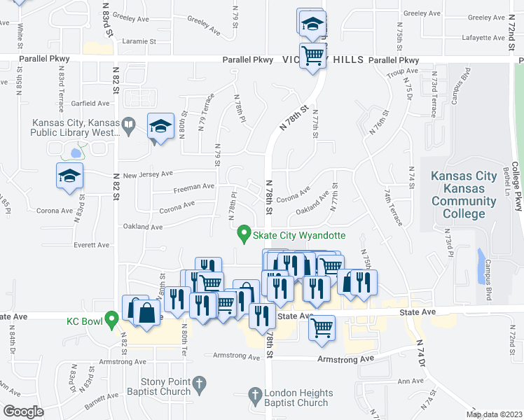 map of restaurants, bars, coffee shops, grocery stores, and more near 1510 North 78th Street in Kansas City