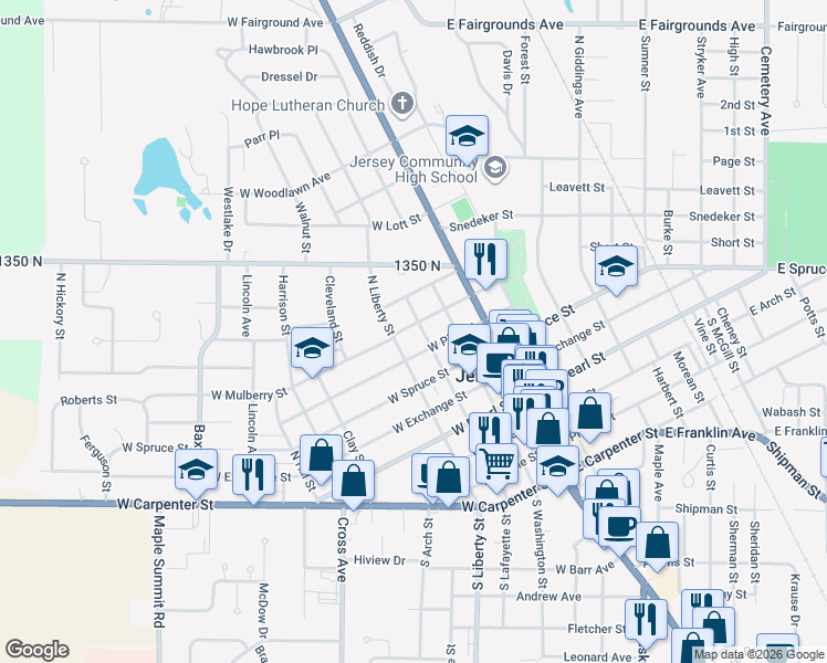 map of restaurants, bars, coffee shops, grocery stores, and more near 408 N Lafayette St in Jerseyville