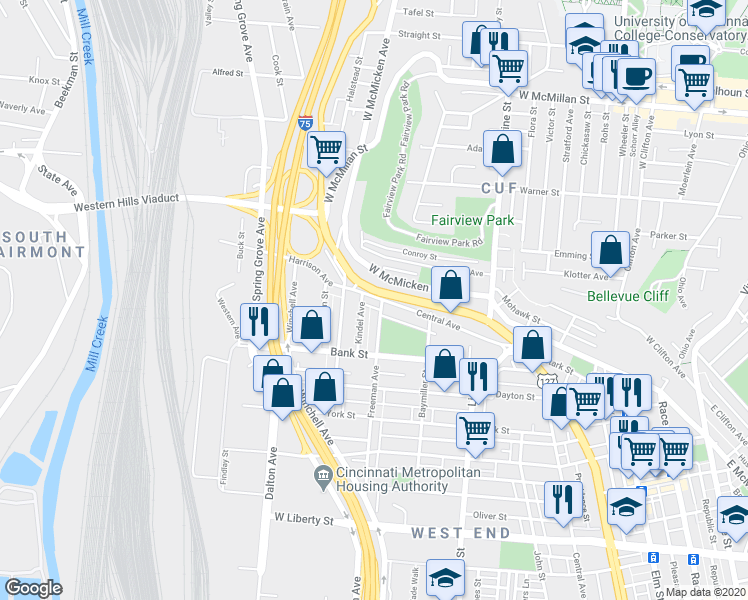 map of restaurants, bars, coffee shops, grocery stores, and more near 2157 Central Avenue in Cincinnati