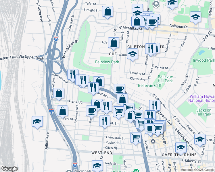 map of restaurants, bars, coffee shops, grocery stores, and more near 415 West McMicken Avenue in Cincinnati