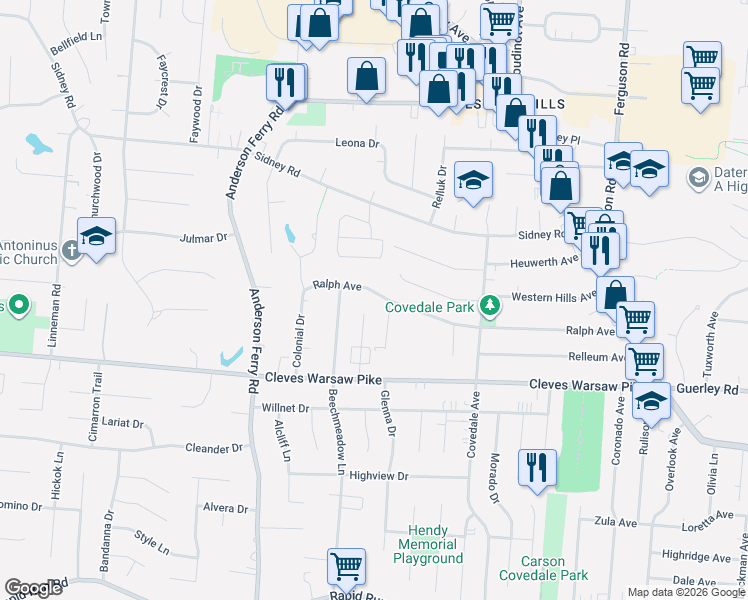 map of restaurants, bars, coffee shops, grocery stores, and more near 5223 Ralph Avenue in Cincinnati