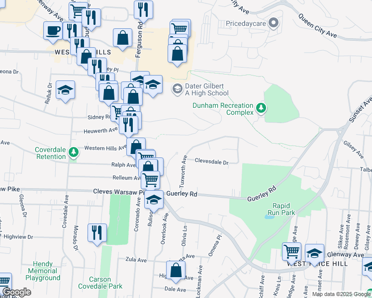map of restaurants, bars, coffee shops, grocery stores, and more near 1687 Tuxworth Avenue in Cincinnati