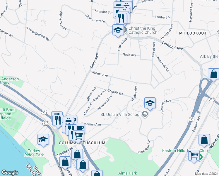 map of restaurants, bars, coffee shops, grocery stores, and more near 3610 Grandin Road in Cincinnati