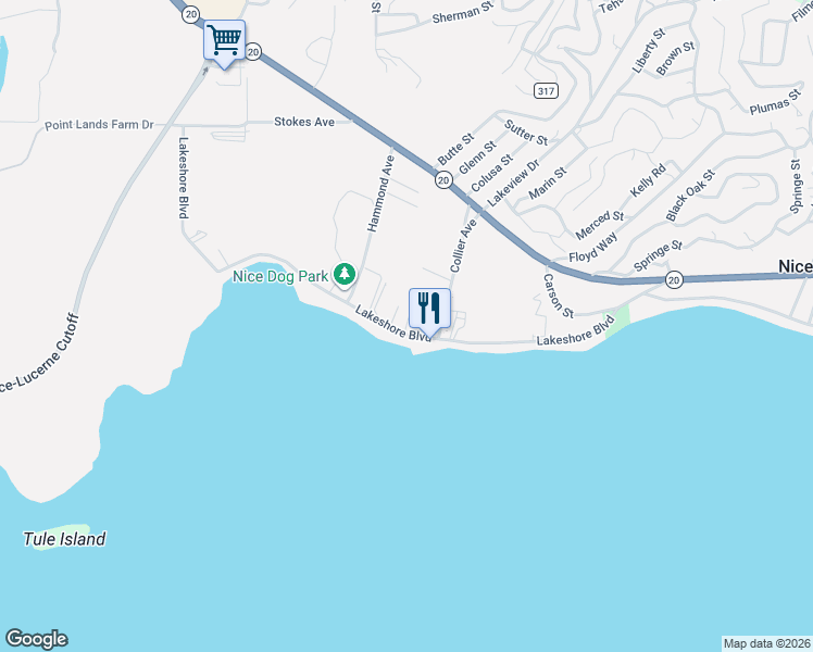 map of restaurants, bars, coffee shops, grocery stores, and more near 2630 Lakeshore Boulevard in Upper Lake