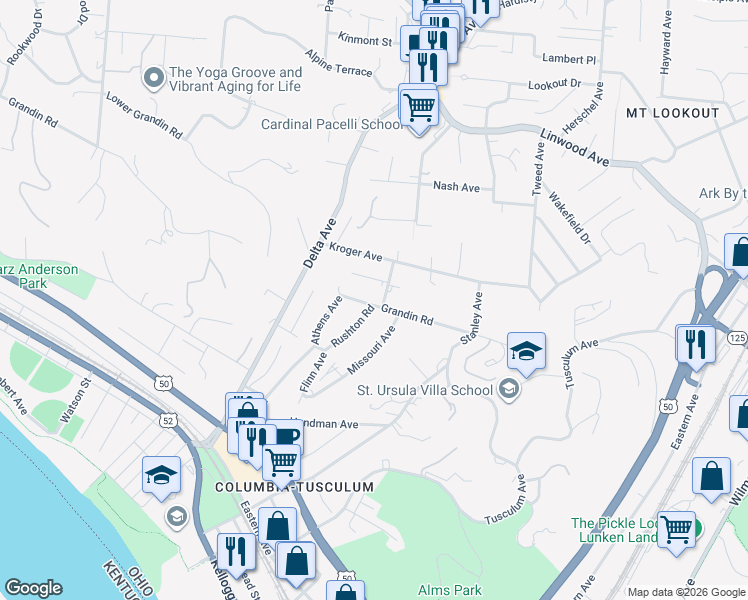 map of restaurants, bars, coffee shops, grocery stores, and more near 3610 Grandin Road in Cincinnati