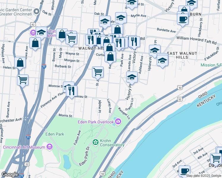 map of restaurants, bars, coffee shops, grocery stores, and more near 1033 Windsor Street in Cincinnati