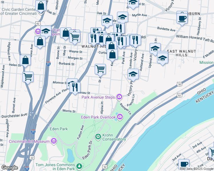 map of restaurants, bars, coffee shops, grocery stores, and more near 2223 Kemper Lane in Cincinnati
