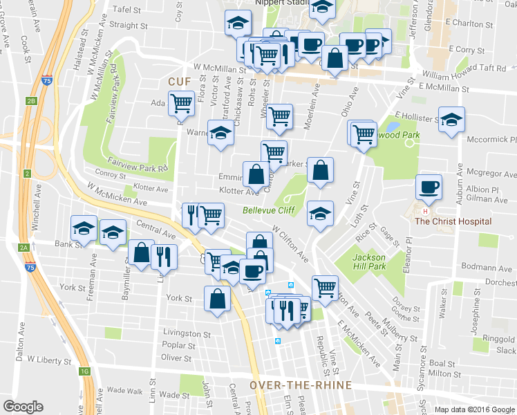map of restaurants, bars, coffee shops, grocery stores, and more near in Cincinnati