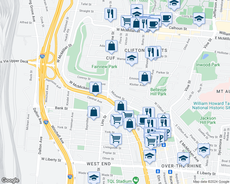 map of restaurants, bars, coffee shops, grocery stores, and more near 321 Renner Street in Cincinnati