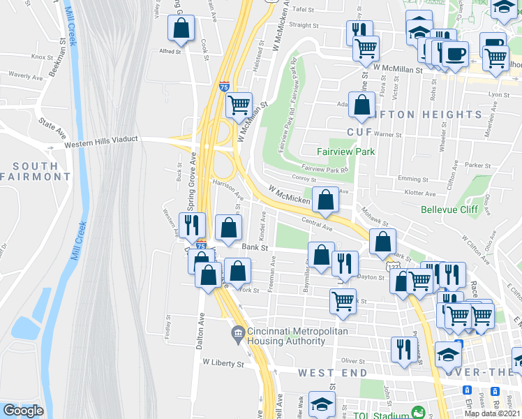 map of restaurants, bars, coffee shops, grocery stores, and more near 2183 Central Avenue in Cincinnati