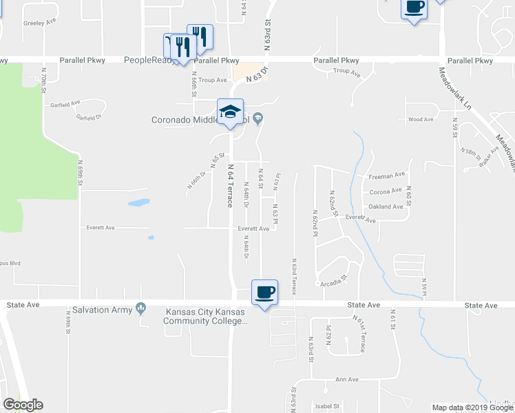 map of restaurants, bars, coffee shops, grocery stores, and more near 1431 North 64 Street in Kansas City