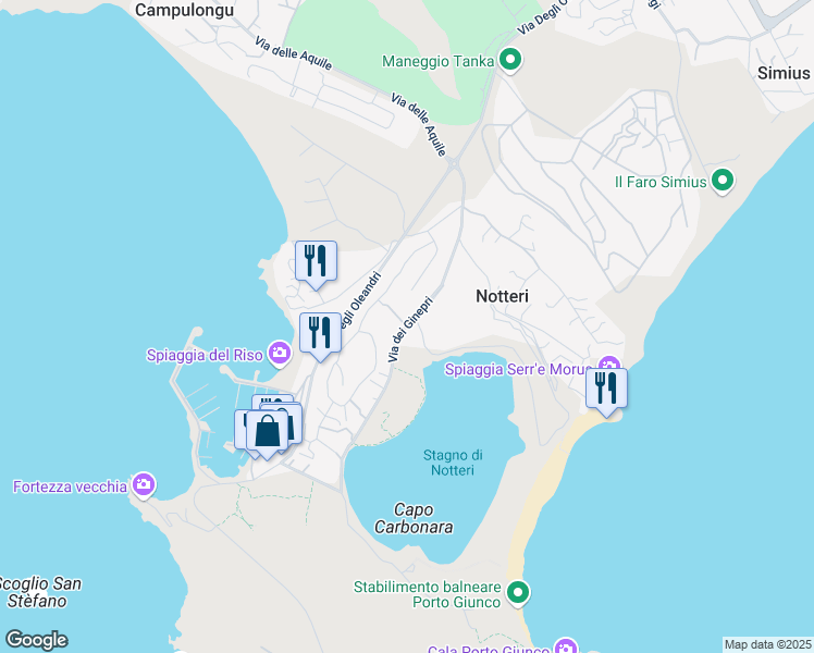 map of restaurants, bars, coffee shops, grocery stores, and more near Via dei Ginepri in Notteri