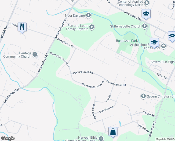 map of restaurants, bars, coffee shops, grocery stores, and more near 584 Pasture Brook Road in Severn