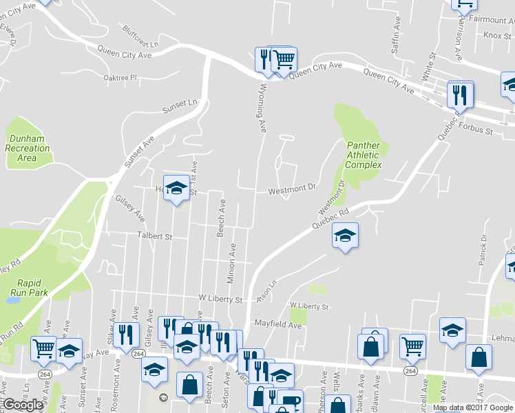 map of restaurants, bars, coffee shops, grocery stores, and more near 1828 Wyoming Avenue in Cincinnati