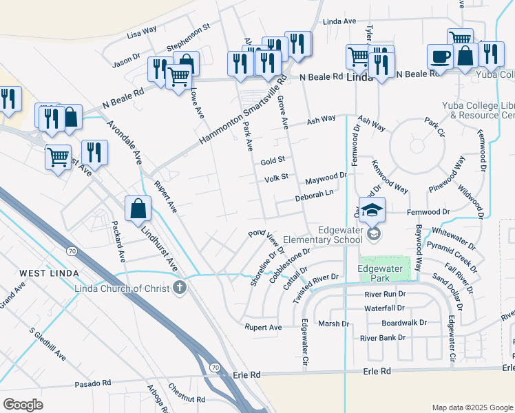 map of restaurants, bars, coffee shops, grocery stores, and more near 5792 Park Avenue in Marysville