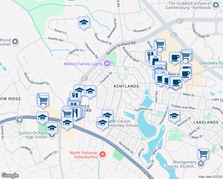 map of restaurants, bars, coffee shops, grocery stores, and more near 318 Little Quarry Road in Gaithersburg