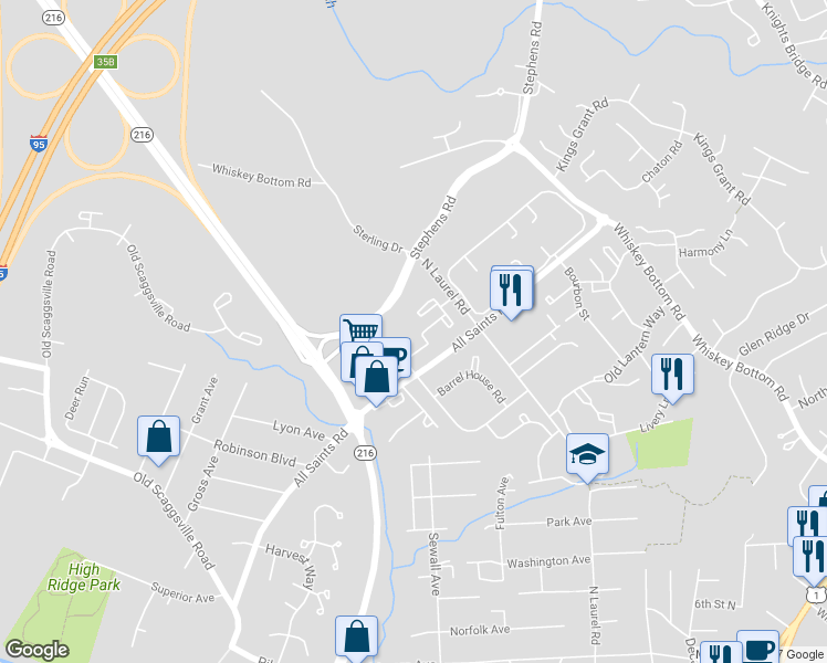 map of restaurants, bars, coffee shops, grocery stores, and more near 9920 Whiskey Run in Laurel