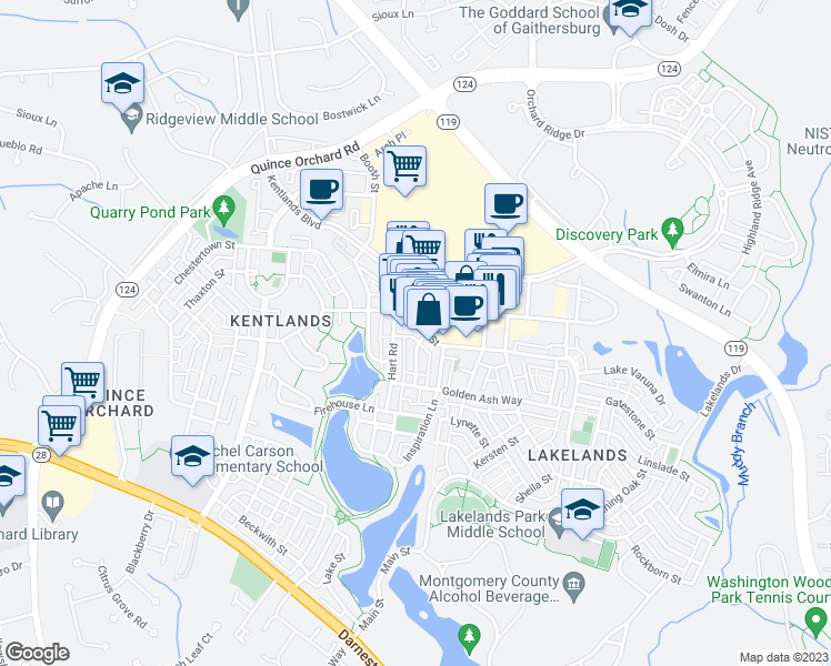 map of restaurants, bars, coffee shops, grocery stores, and more near 337 Main Street in Gaithersburg