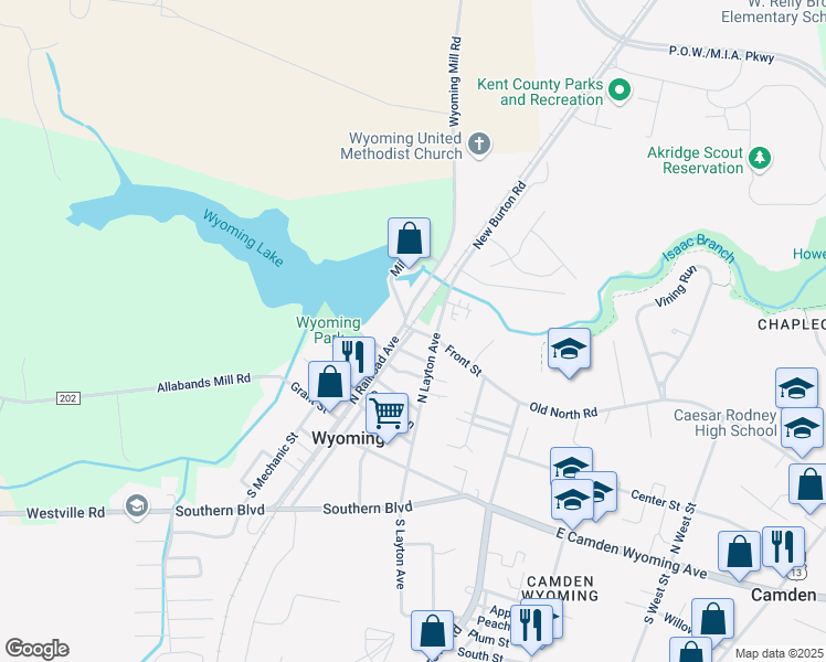 map of restaurants, bars, coffee shops, grocery stores, and more near North Railroad Avenue in Wyoming