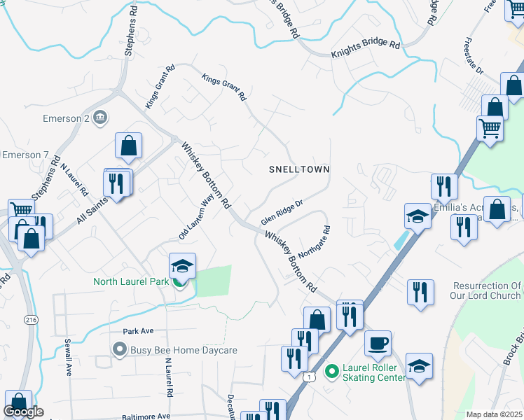 map of restaurants, bars, coffee shops, grocery stores, and more near 9083 Manorwood Road in Laurel