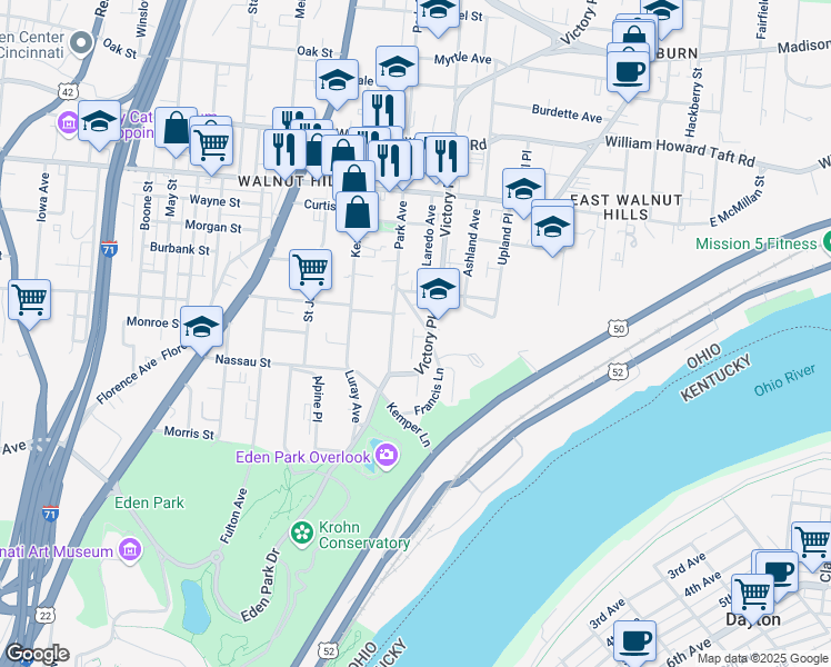 map of restaurants, bars, coffee shops, grocery stores, and more near 2350 Victory Parkway in Cincinnati