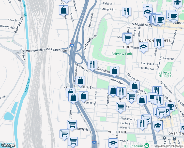 map of restaurants, bars, coffee shops, grocery stores, and more near 2169 Central Avenue in Cincinnati