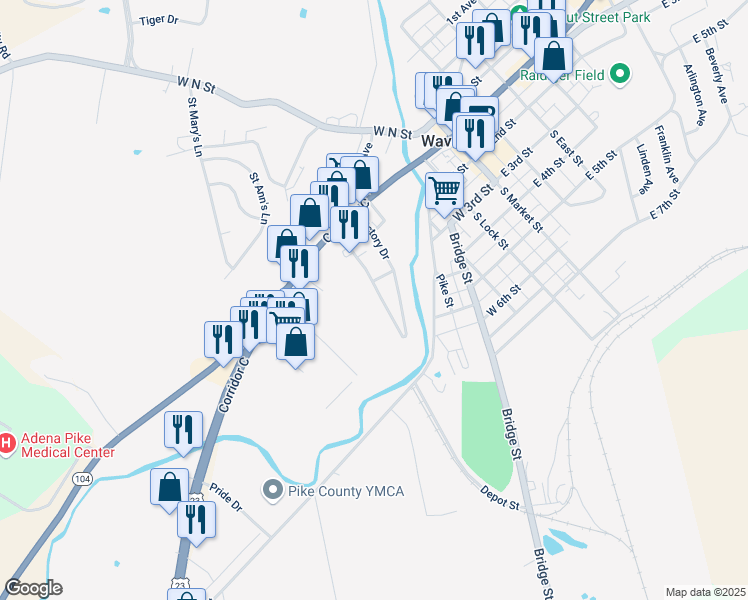map of restaurants, bars, coffee shops, grocery stores, and more near 128 Victory Drive in Waverly