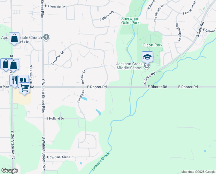 map of restaurants, bars, coffee shops, grocery stores, and more near 1403 East Rhorer Road in Bloomington