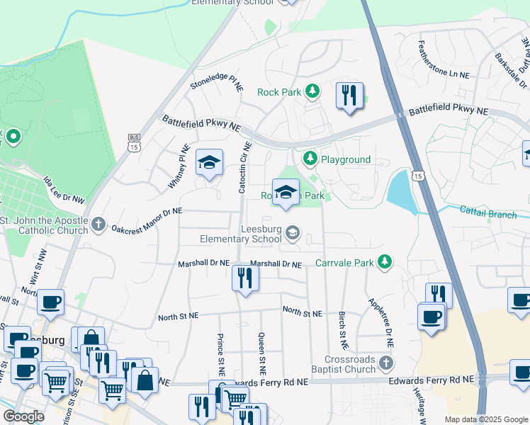 map of restaurants, bars, coffee shops, grocery stores, and more near 354 Millbrook Terrace Northeast in Leesburg