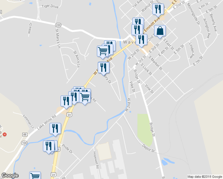 map of restaurants, bars, coffee shops, grocery stores, and more near 128 Victory Drive in Waverly