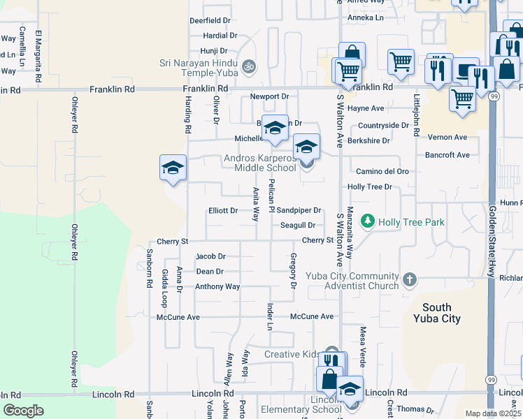 map of restaurants, bars, coffee shops, grocery stores, and more near 385 Pelican Place in Yuba City