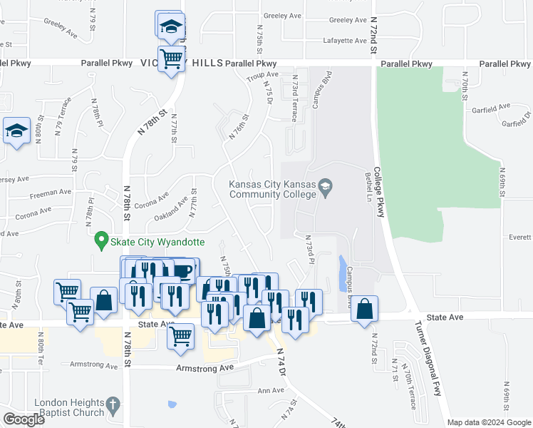 map of restaurants, bars, coffee shops, grocery stores, and more near 1436 North 74 Street in Kansas City