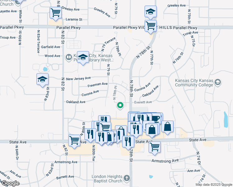 map of restaurants, bars, coffee shops, grocery stores, and more near 1507 North 78th Place in Kansas City