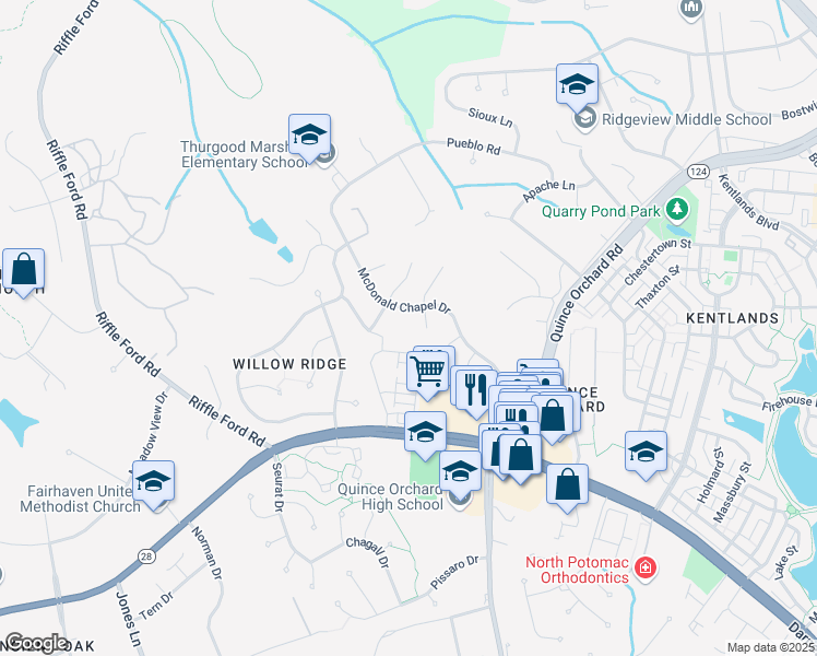 map of restaurants, bars, coffee shops, grocery stores, and more near 12204 McDonald Chapel Drive in Gaithersburg