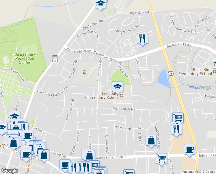 map of restaurants, bars, coffee shops, grocery stores, and more near 354 Millbrook Terrace Northeast in Leesburg